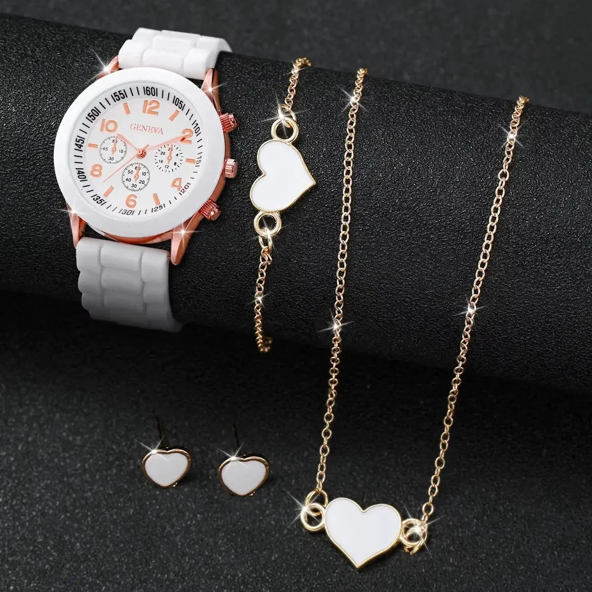 5–6 piece women's watch and heart jewelry set with white silicone band, rose-gold case and Geneva dial
