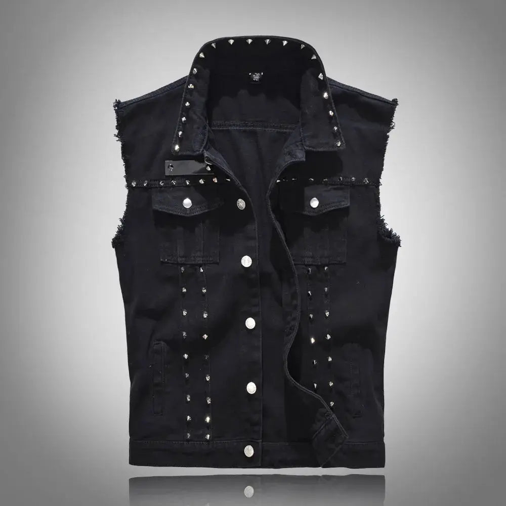 Simples Market black rivet denim vest with studded collar, sleeveless, front pockets, metal buttons, plus size 6XL