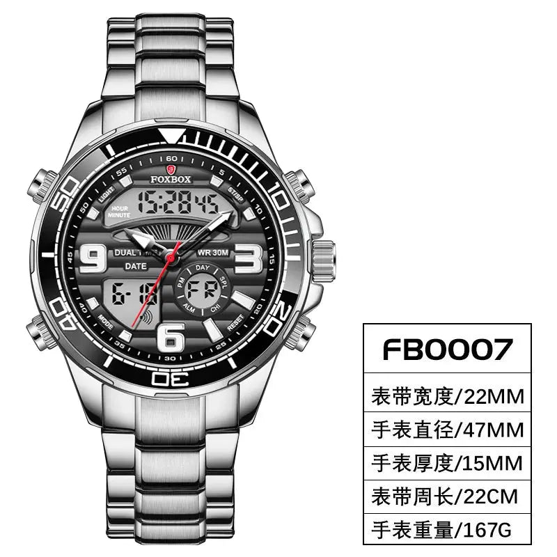 FOXBOX men's stainless steel military sport watch with analog-digital dial and metal bracelet, 30M water resistant
