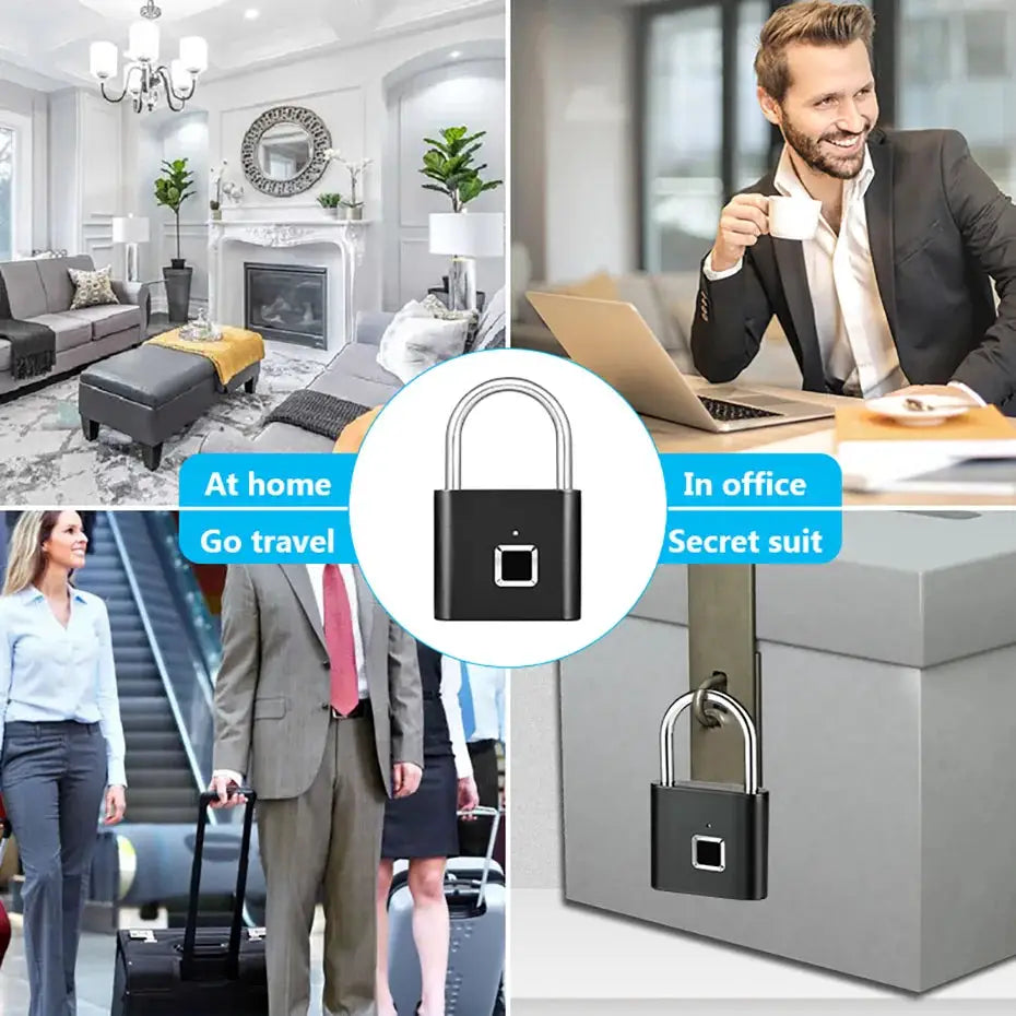KERUI fingerprint USB padlock by Simples Market, waterproof zinc lock with 0.2s unlock for home, office or travel.