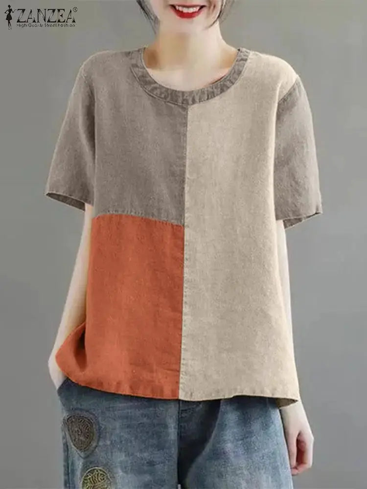 ZANZEA Women Patchwork Blouse Cotton Linen Short Sleeve Round Neck Top