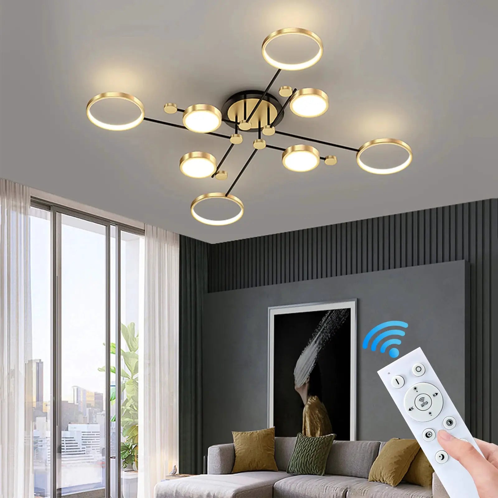 Nordic pendant light gold and black ceiling chandelier with circular LED rings and remote dimming.