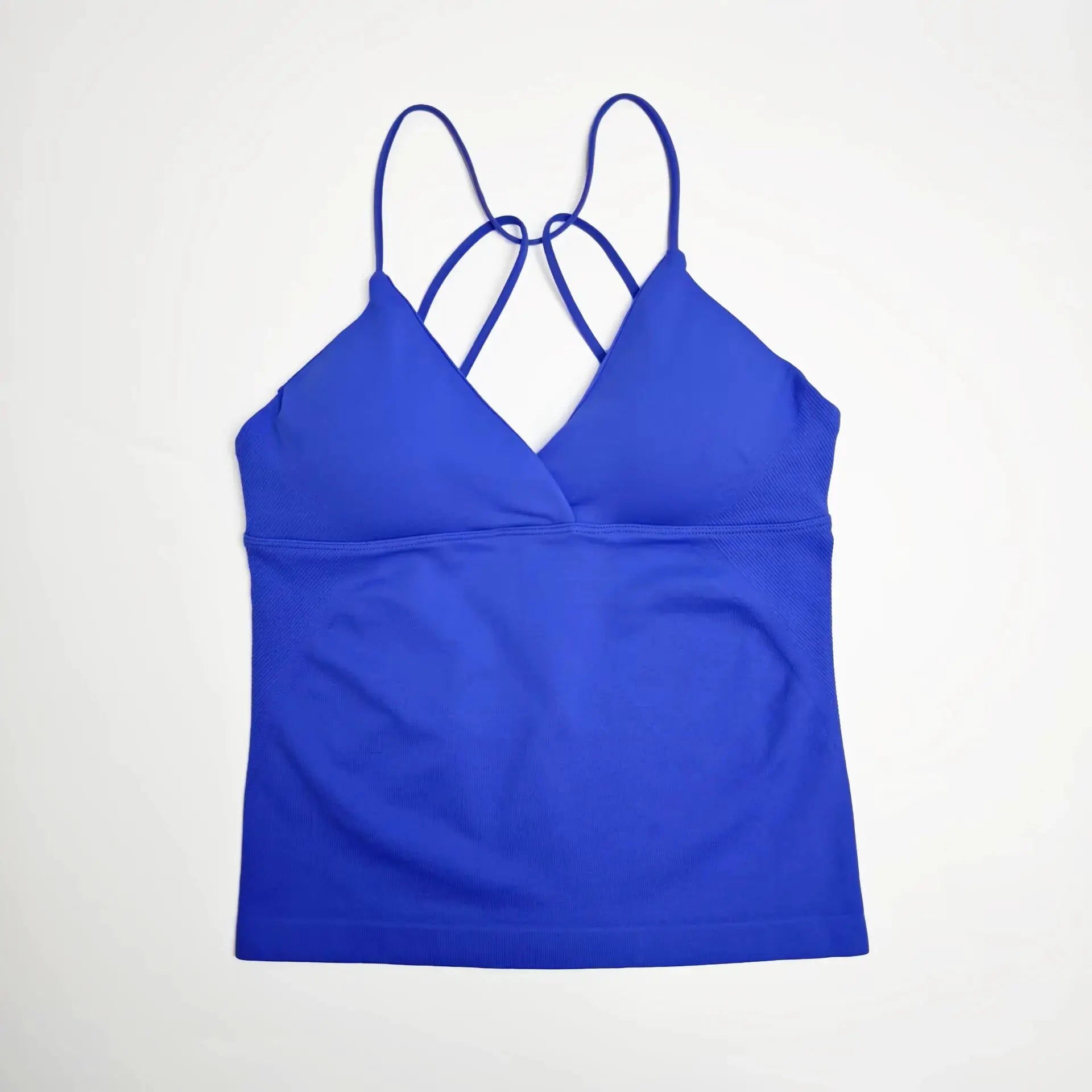 NCLAGEN Vision Twist Front Longline Top blue seamless yoga gym tank with thin crisscross straps