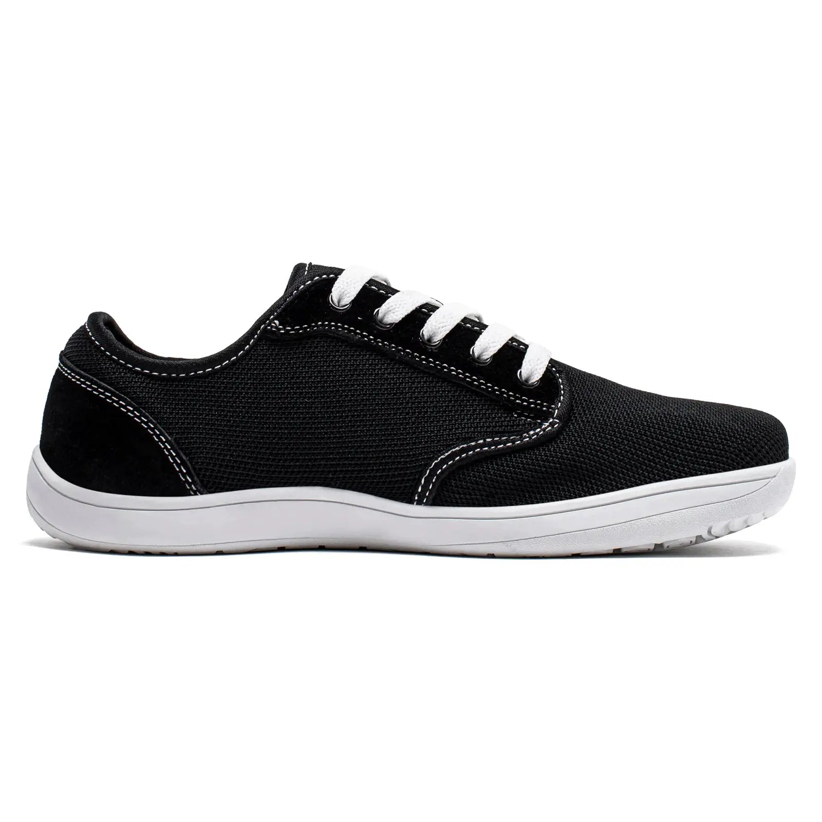 HOBIBEAR men's minimalist barefoot sneaker, black mesh upper, white laces, white sole