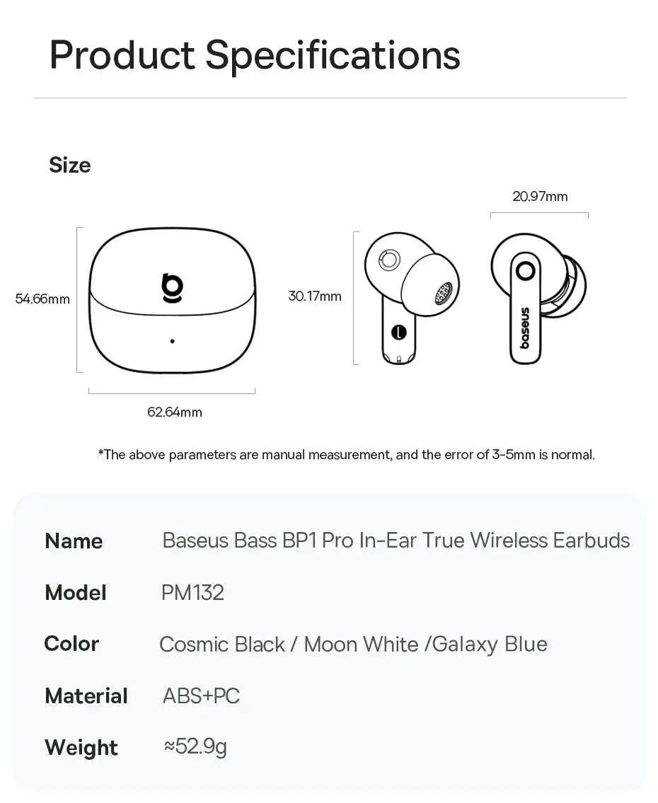 Baseus Bass BP1 Pro true wireless earbuds with case; Cosmic Black/Moon White/Galaxy Blue, ABS+PC