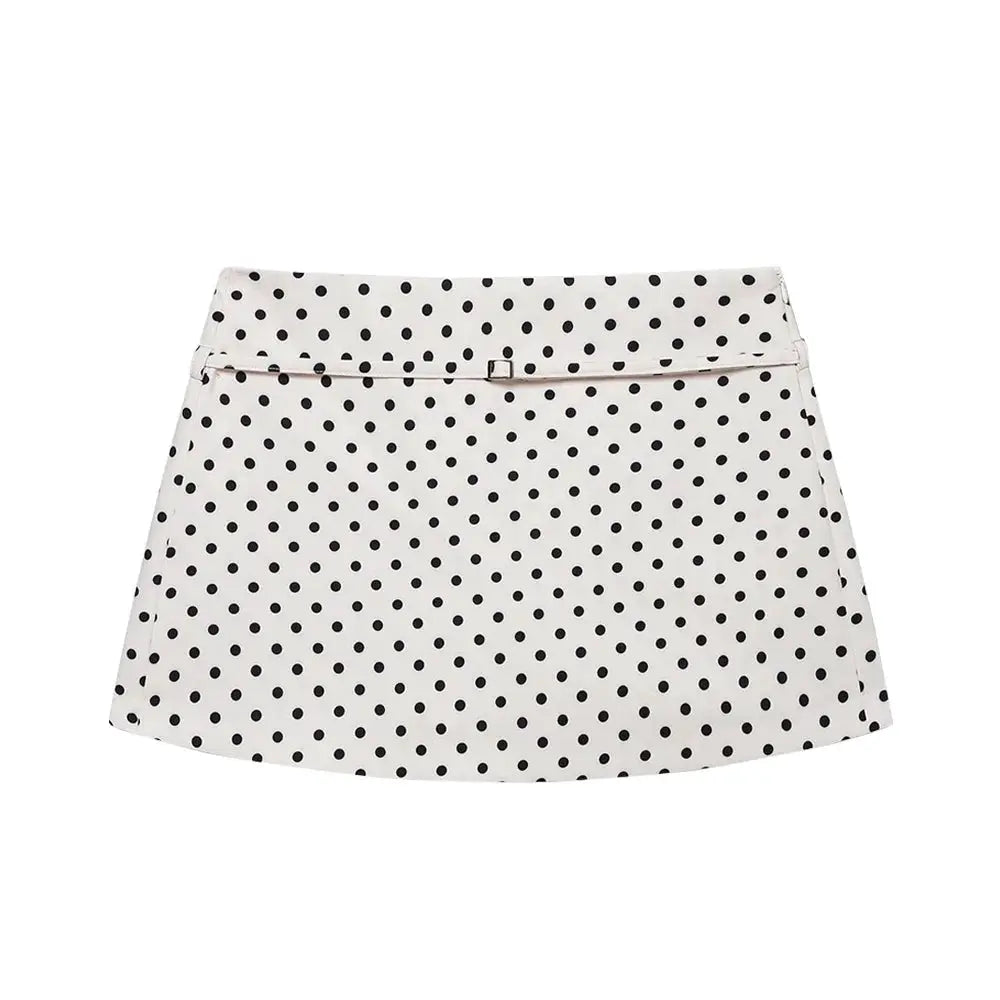 Women's white skort with black polka-dots and belt, casual chic shorts-skirt