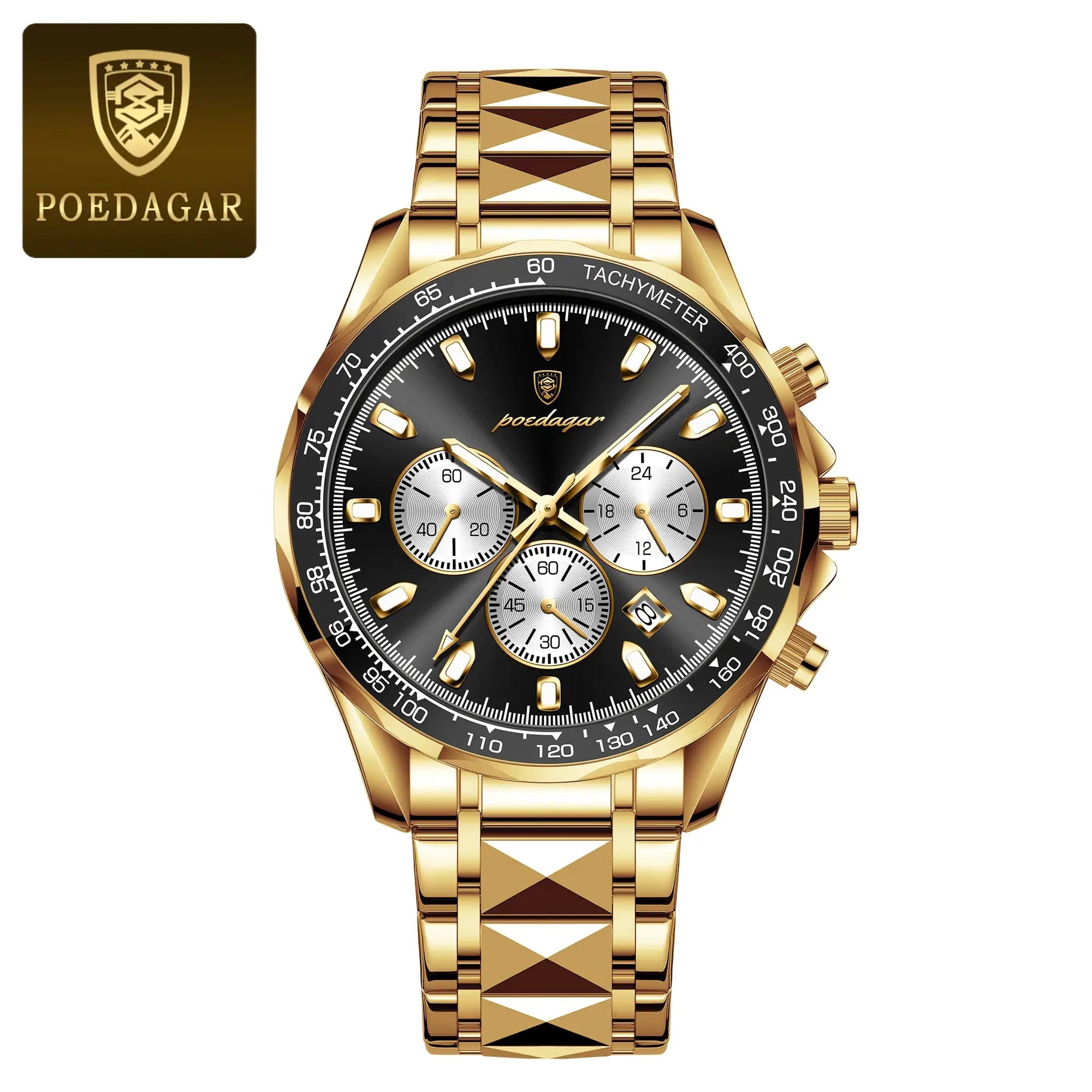 POEDAGAR gold-tone stainless steel men’s chronograph watch with tachymeter and date