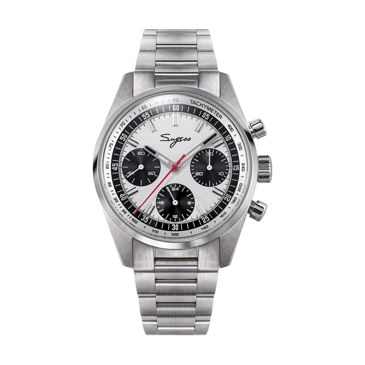 Sugess men's chronograph stainless steel watch with white dial, black subdials and tachymeter bezel