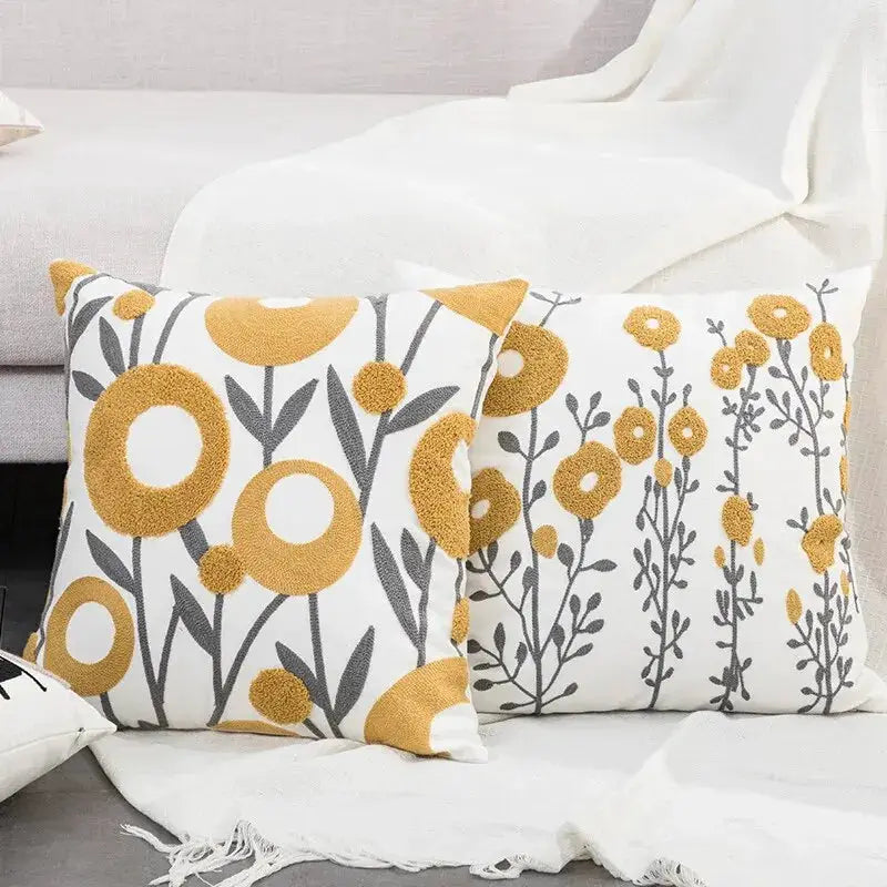 2pcs Boho floral tufted cotton throw pillow covers, white with yellow/orange circles and gray botanical print
