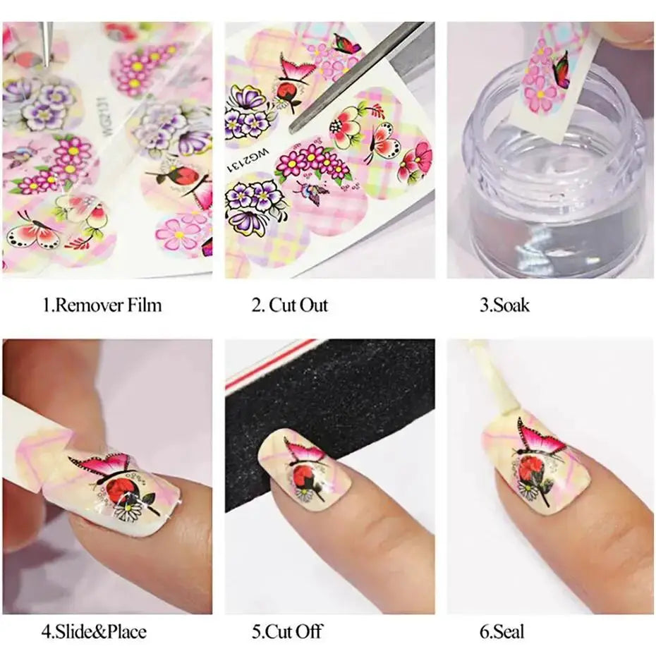 12Pcs Simples Market ink flower nail art decals - pink blooming flowers and butterflies, water decals
