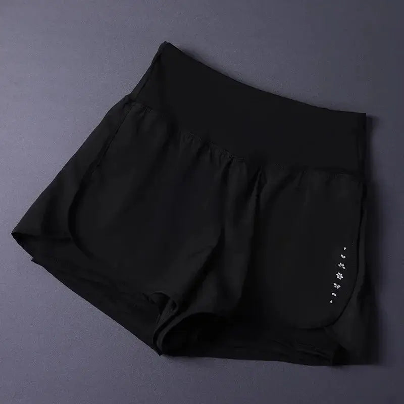 Women's black 2-in-1 shorts with pockets; lightweight, breathable, loose fit for yoga, running, and gym