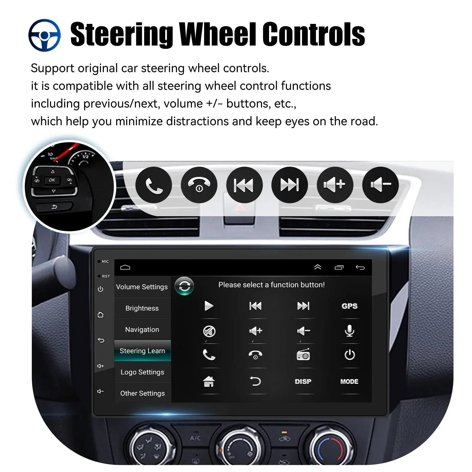 Car radio head unit ESSGOO 7/9/10-inch Android Auto car stereo with steering wheel controls on a dashboard