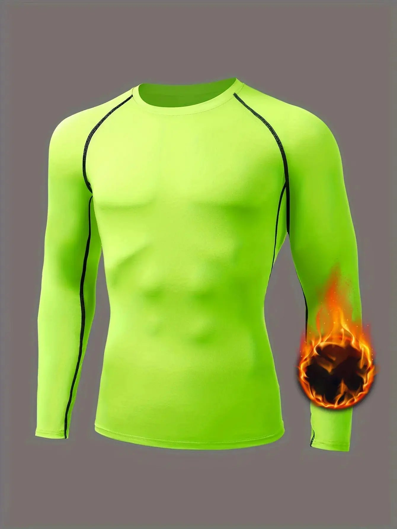 Men's neon lime green compression rashguard with black seam piping, long-sleeve athletic shirt