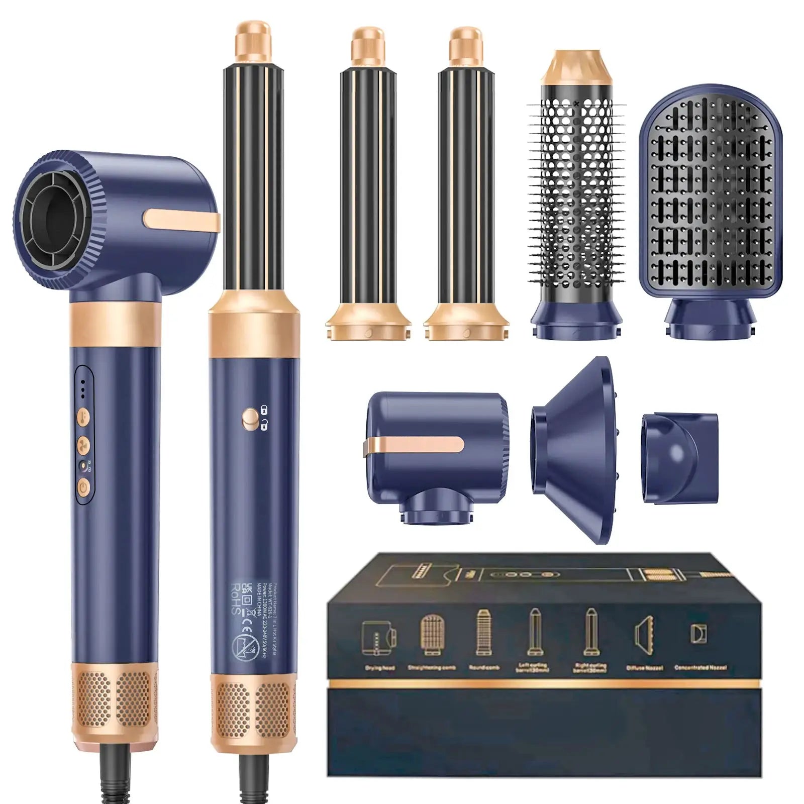 Simples Market 7-in-1 hair dryer brush set in navy blue with rose-gold accents and multiple attachments