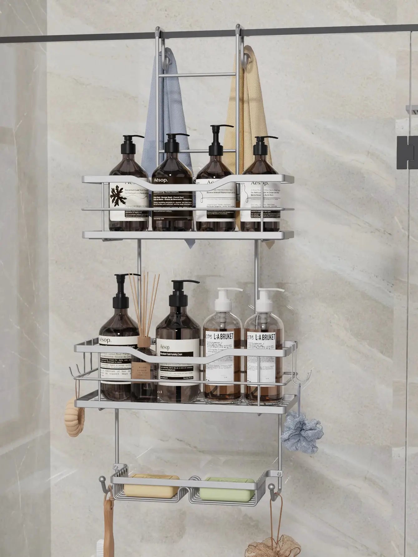 3-tier hanging shower caddy, large-capacity chrome/silver with 2 soap dishes