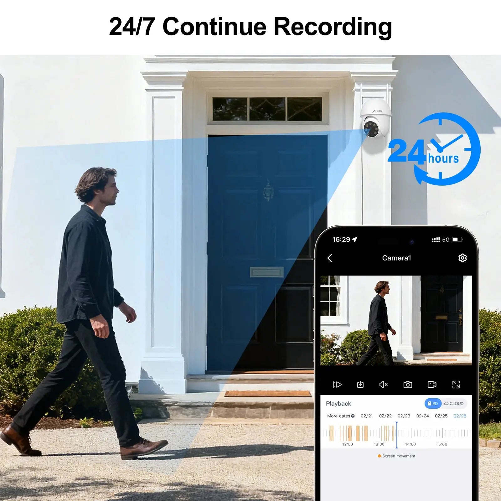 ANRAN 5MP wired outdoor security camera mounted on a white wall with 24/7 recording graphic and smartphone app preview