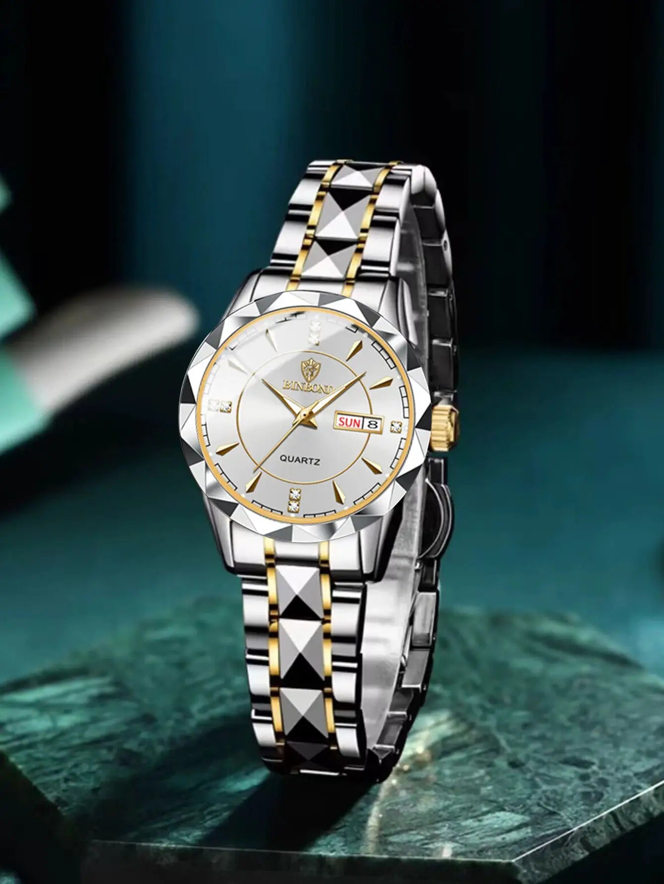 BINBONG women's luxury quartz wristwatch; two-tone silver–gold bracelet, white dial with date window
