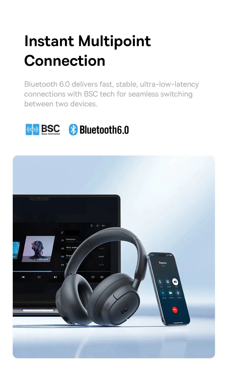 Baseus Bass EH10 NC wireless over-ear headphones, gray, Bluetooth 6.0, on a desk with laptop and smartphone
