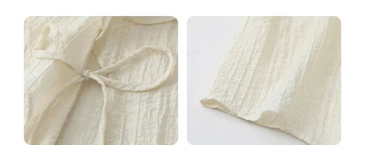 CHIC VEN women's shirt in ivory cream with textured crinkle fabric, tie-front bow, and ruffled edges