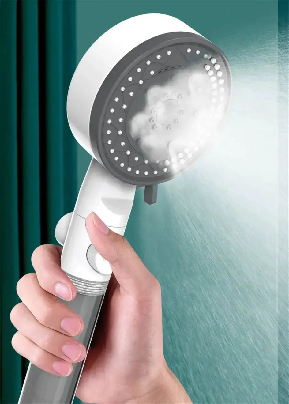 Simples Market handheld showerhead in white and gray with 10 spray modes