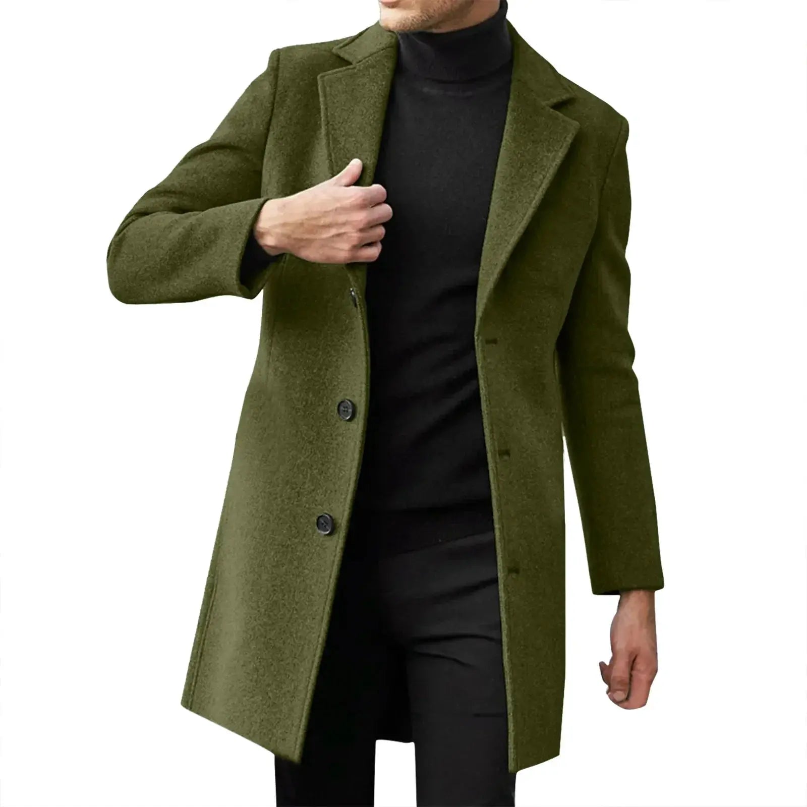 Men's olive wool overcoat by Simples Market, mid-length, single-breasted with lapels.
