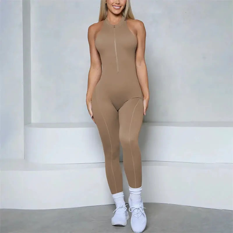 Women Bum Sleeveless Zipper Scrunch Butt Jumpsuit in beige by Simples Market, fitness gym wear