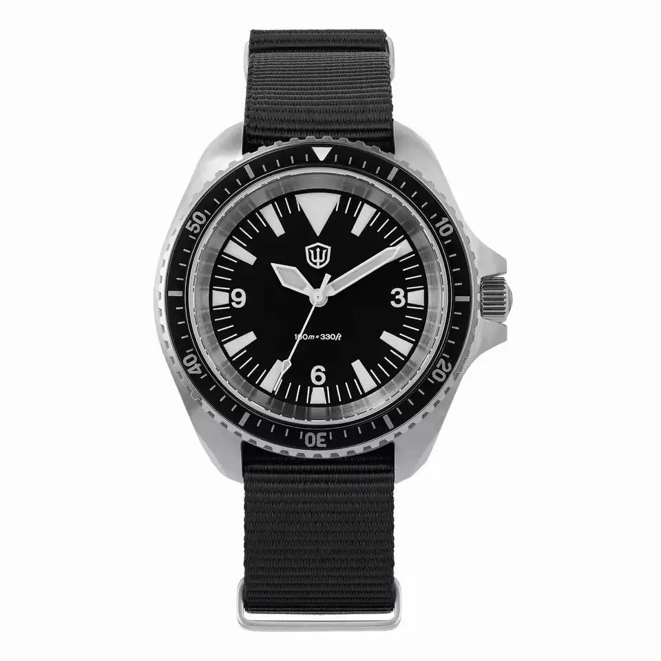 Watchdives WD1980 V3 luxury dive watch with black dial, stainless steel case, glossy bezel, and black NATO strap