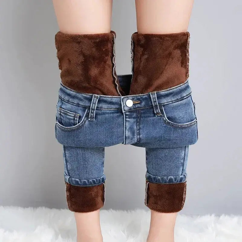 Women Thermal Skinny Jeans With Plush Lining Warm Winter Denim Pants