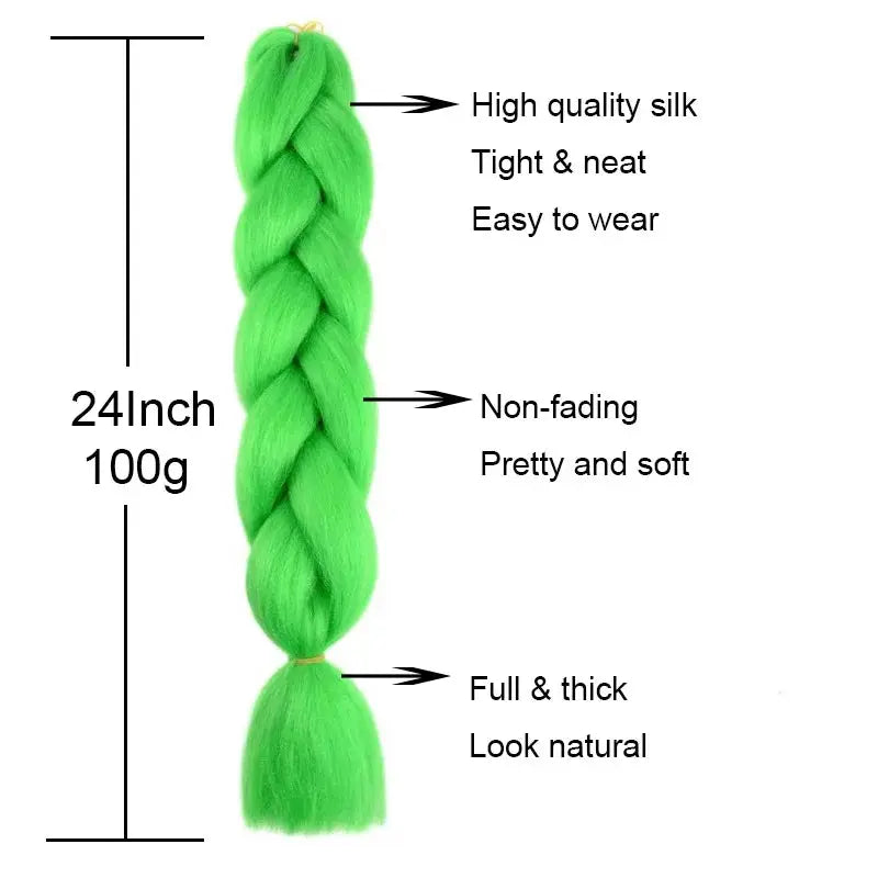 24-inch synthetic yaki braids hair extension neon green, 100g, full and thick with a natural look