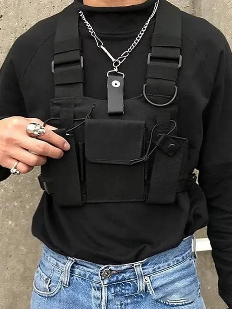 Unisex black tactical chest rig bag with multiple pockets and chest straps