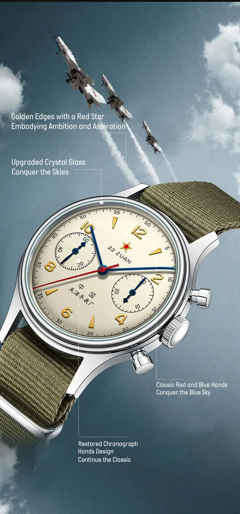 Seagull 1963 wristwatch with cream dial, gold numerals, blue hands, and green canvas strap