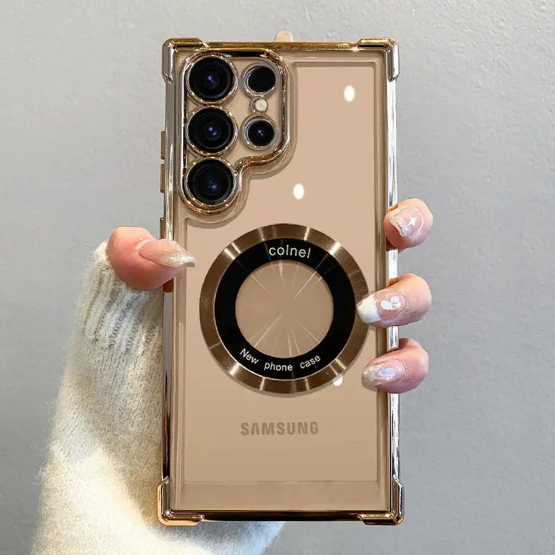 Samsung Galaxy magnetic wireless charging case with clear lens protection in rose-gold finish (Simples Market)