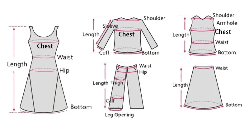 Clothing measurement charts showing dress, top, pants, and skirt silhouettes with chest, waist, hip, and length labels.