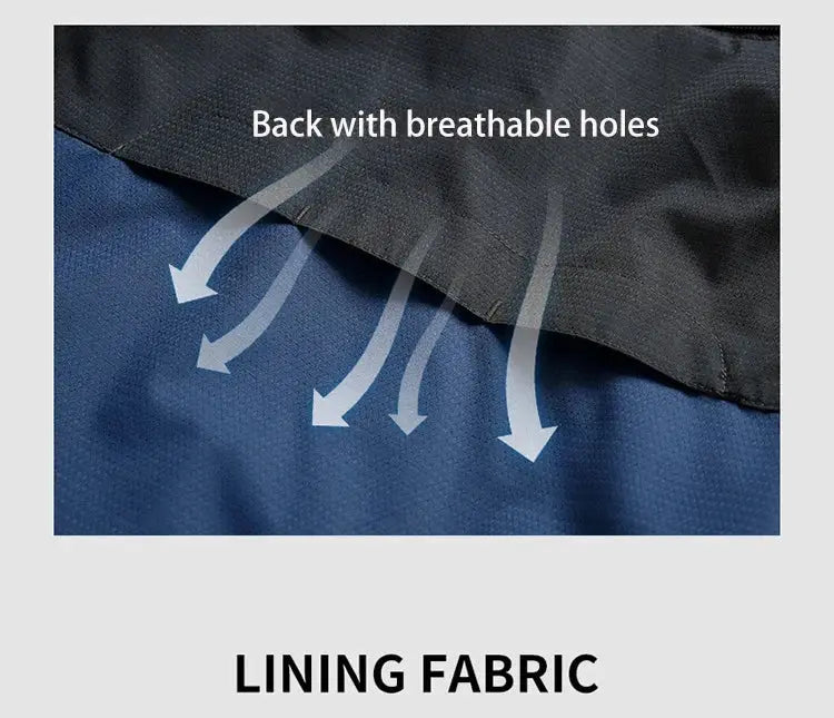 TRVLWEGO outdoor jacket by Simples Market; black shell with blue lining showing breathable holes for ventilation.