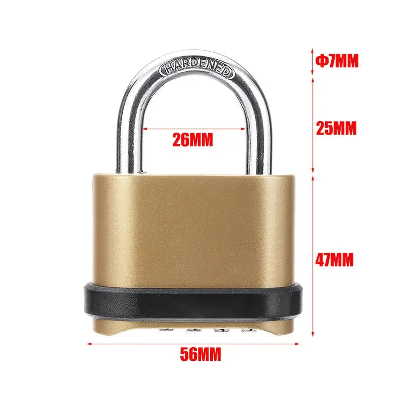 Zinc alloy padlock with brass body and silver shackle; 56mm wide, 47mm tall