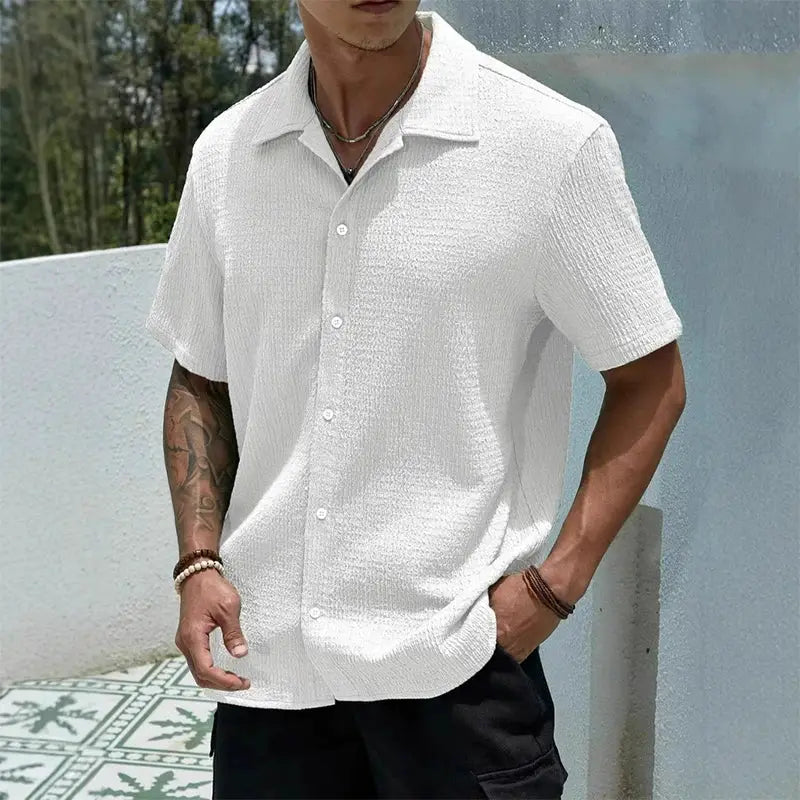 Men's white textured short-sleeve casual shirt, Simples Market hip hop streetwear style