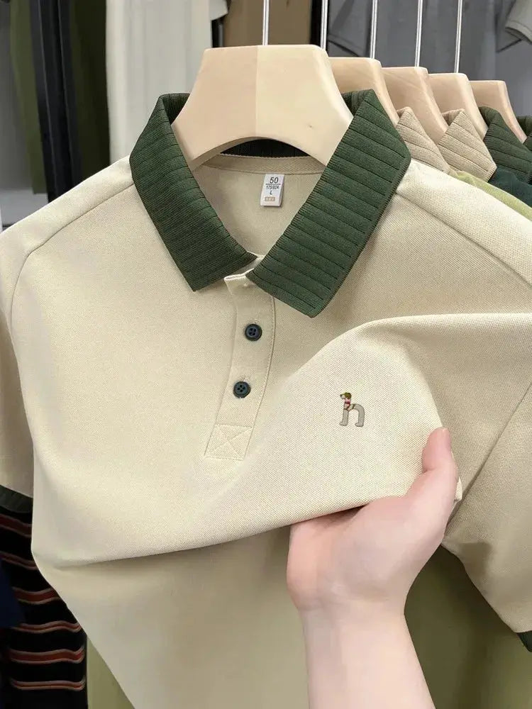 Simples Market men's polo shirt beige with green ribbed collar, dog embroidery on chest, golf casual