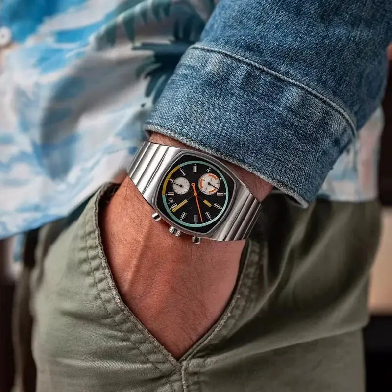 CILOA men square quartz wristwatch with stainless steel bracelet, black dial, orange second hand, chronograph subdials