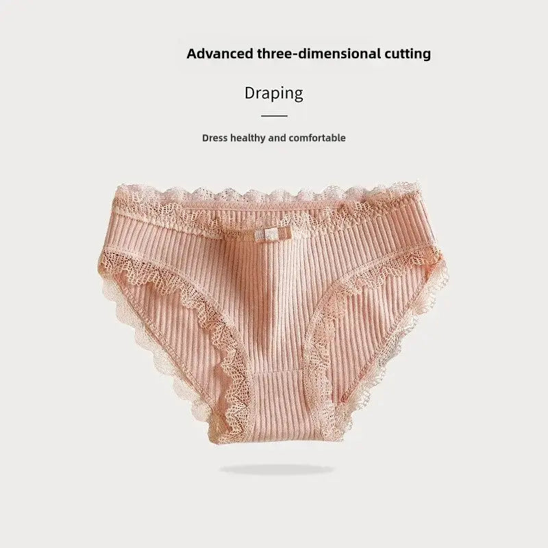 Light pink lace-wavy trim bikini panties with ribbed fabric for breathable comfort