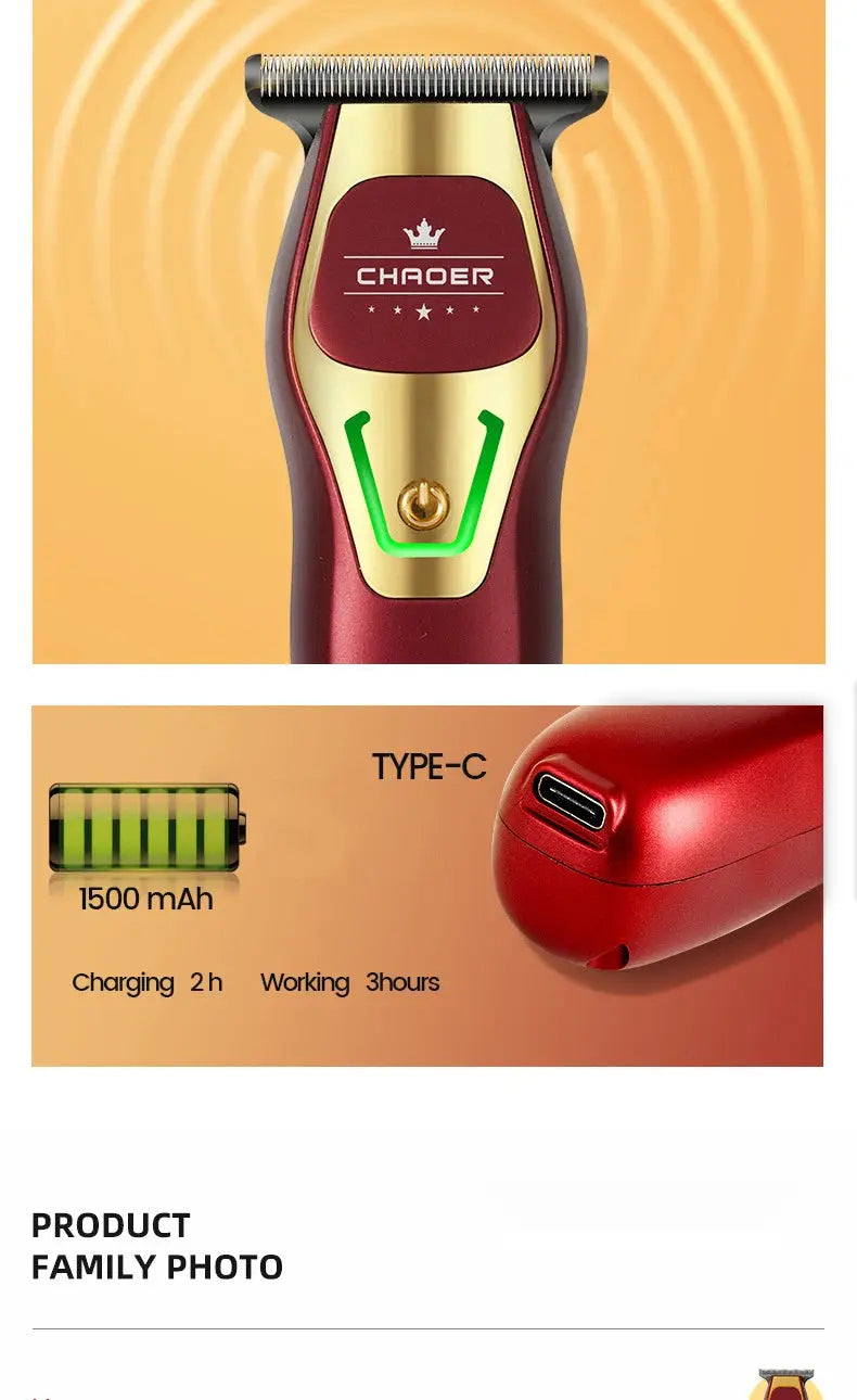 CHAOER professional hair clipper cordless trimmer in gold-red with Type-C charging and 1500 mAh battery