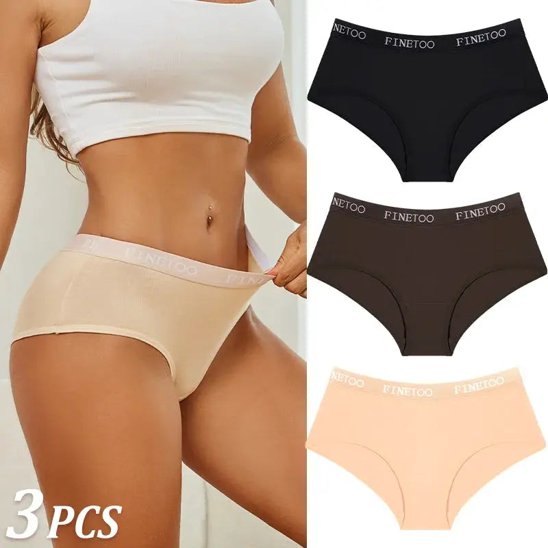 3Pcs women's cotton briefs with FINETOO waistband in assorted colors for breathable comfort