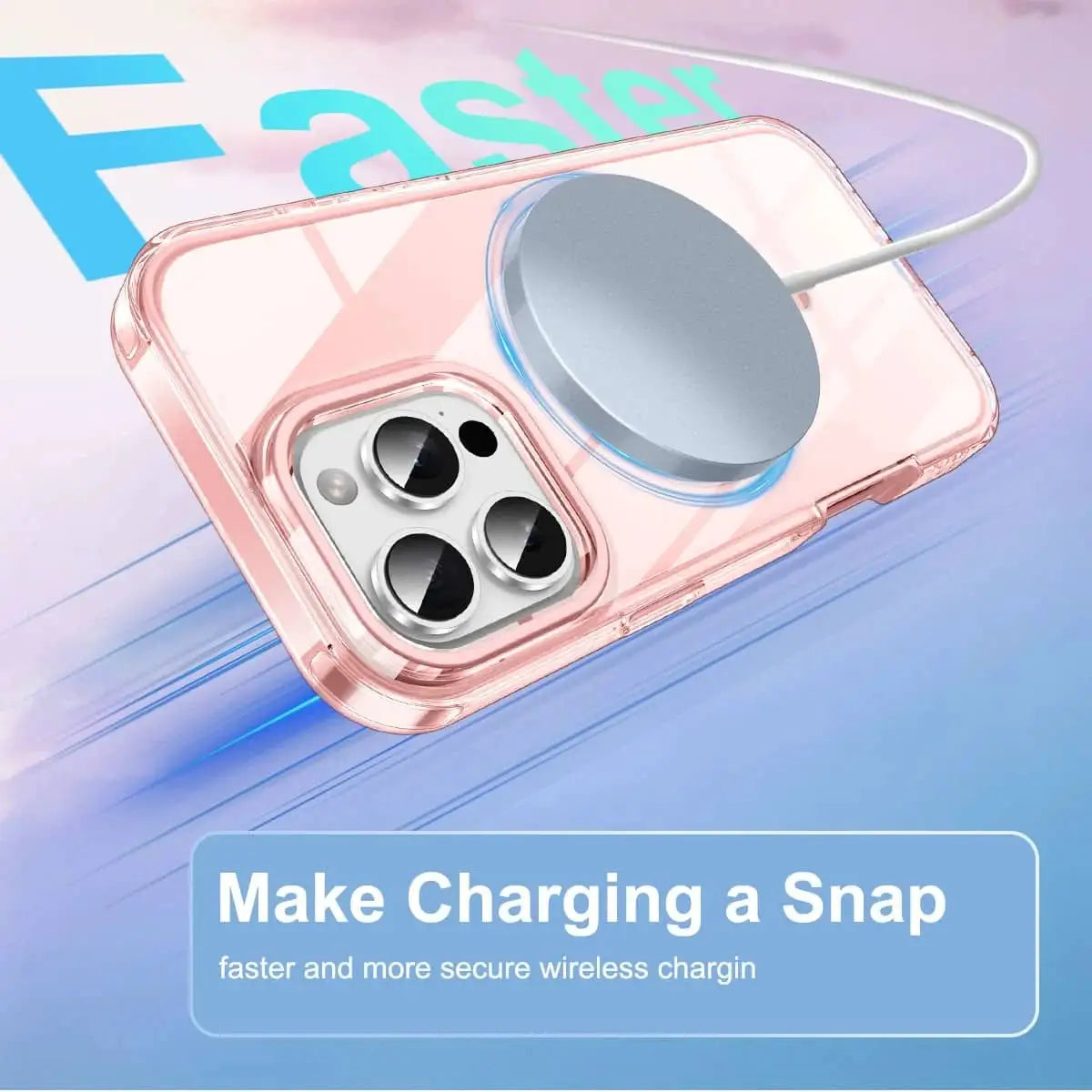 iPhone full-body shockproof case by Simples Market, transparent pink with built-in magnetic screen protector