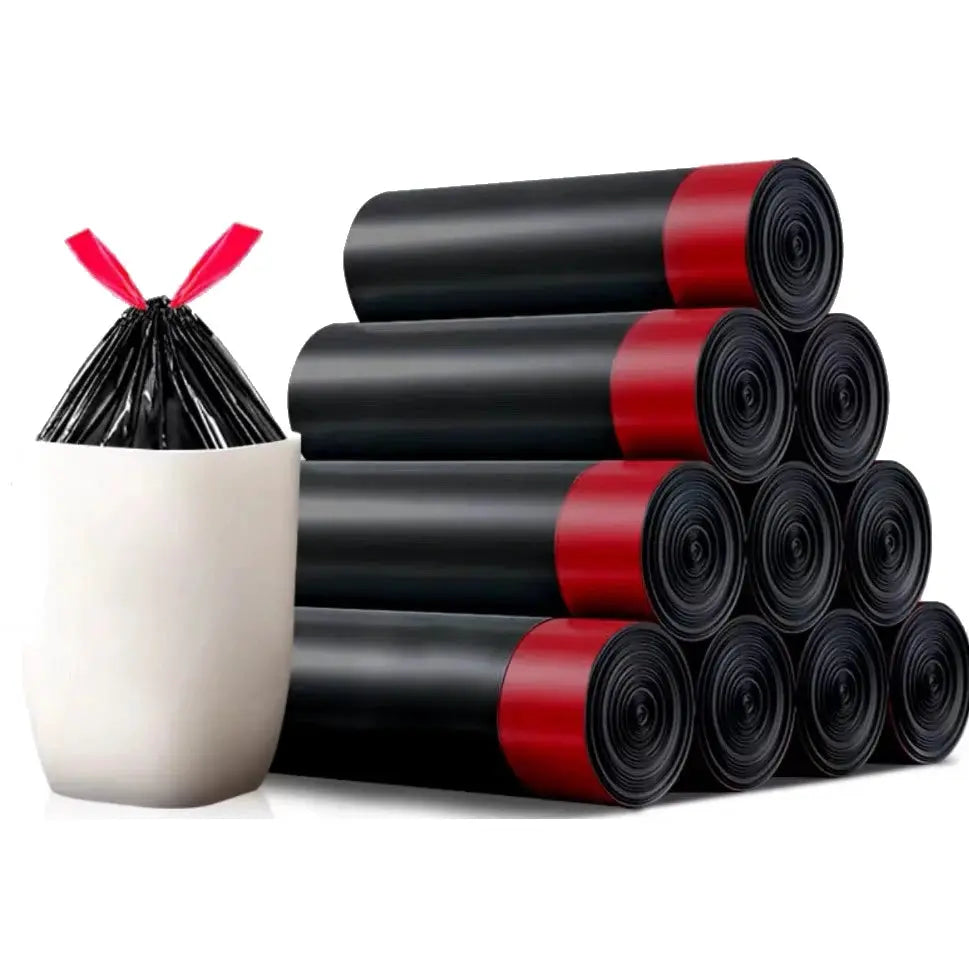 Simples Market thick trash bag rolls with tear-off drawstring, black with red ends; multiple rolls