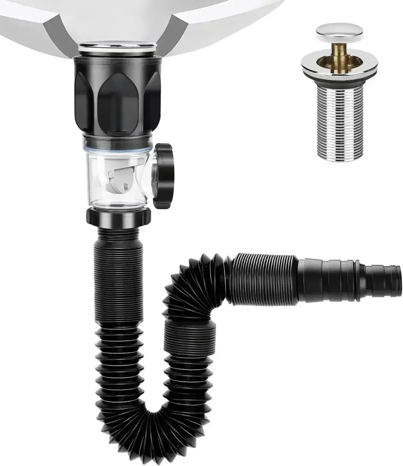 Simples Market kitchen sink drain kit with odor isolation, black plastic body, chrome tailpiece, and flexible hose