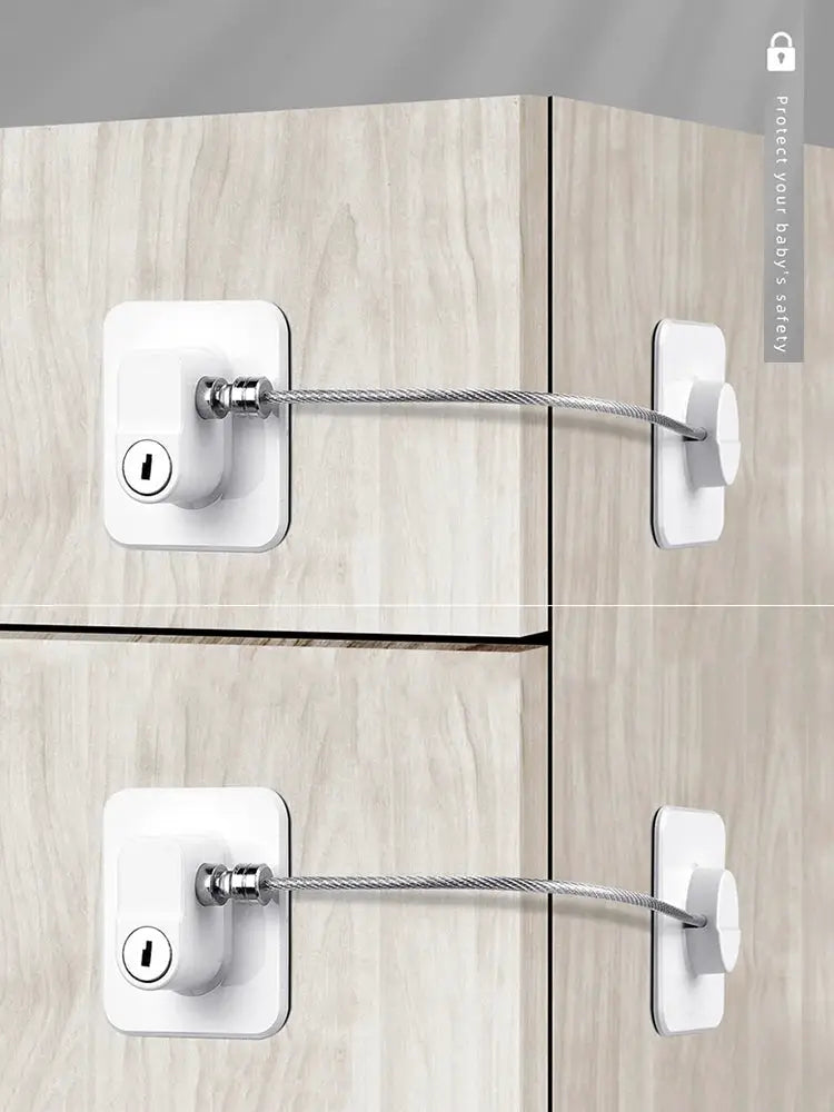Simples Market baby safety cabinet door locks with stainless steel cable, white housings, set of 2