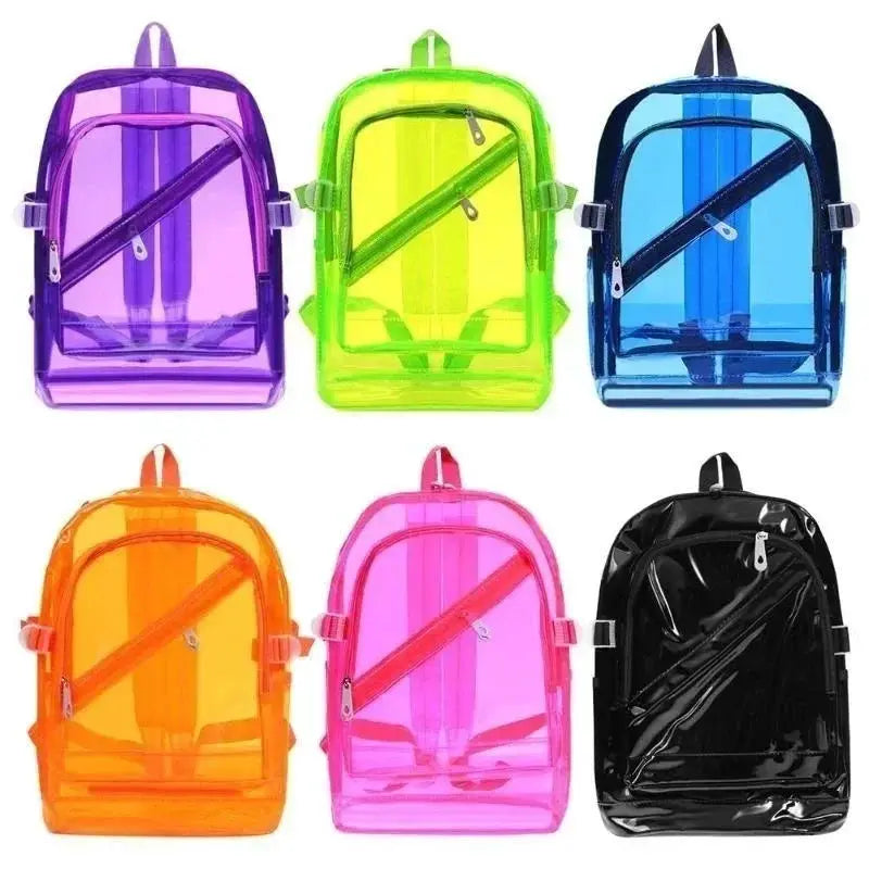 Six Simples Market transparent PVC backpacks in purple, neon green, blue, orange, pink, and black with crossbody straps.
