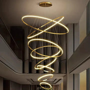 Pendant light chandelier with gold spiral LED rings for staircases, warm white glow, modern home decor