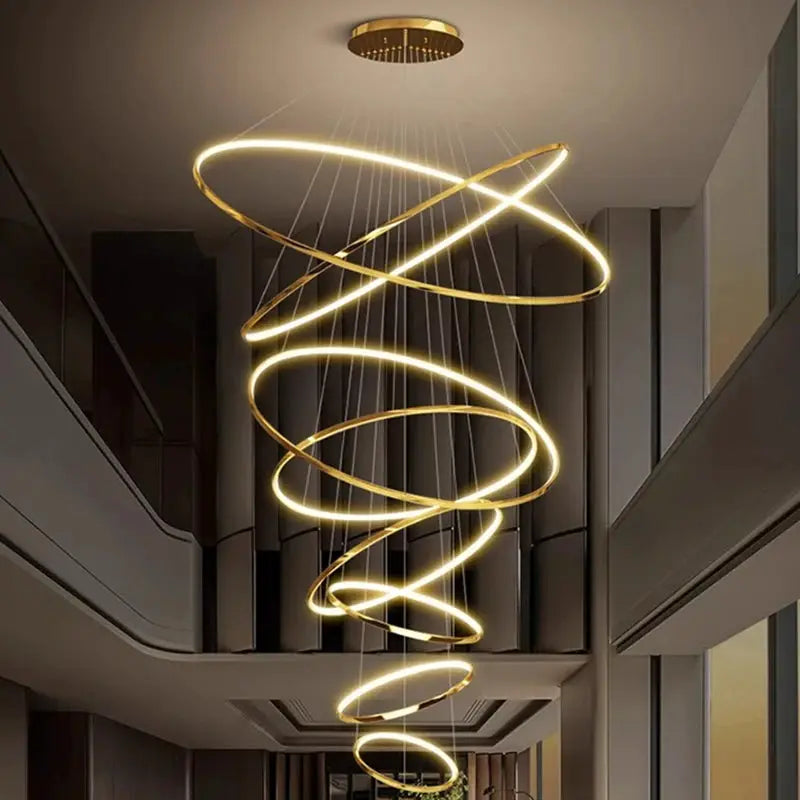 Pendant light chandelier with gold spiral LED rings for staircases, warm white glow, modern home decor
