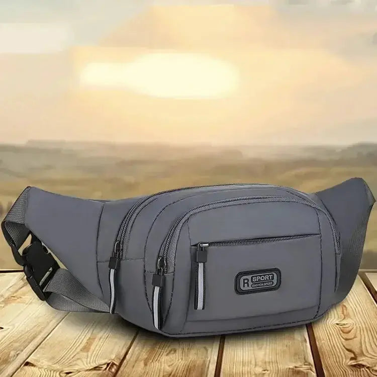 Men's grey canvas waist pack with multiple zip pockets and R SPORT logo
