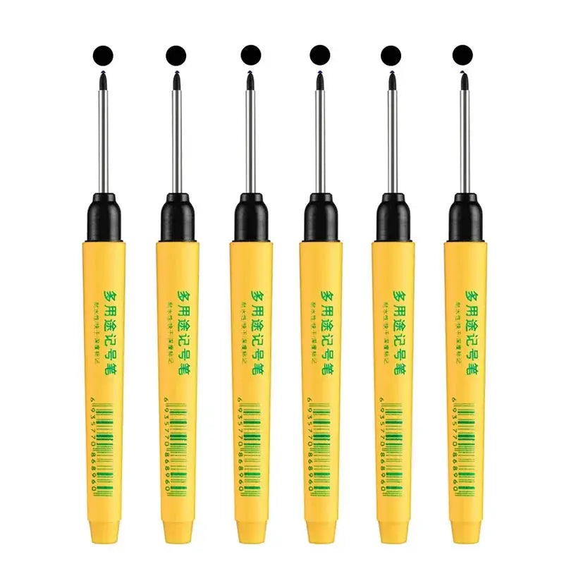 Six yellow long-head marking pens set for woodworking; waterproof multipurpose marking tools.